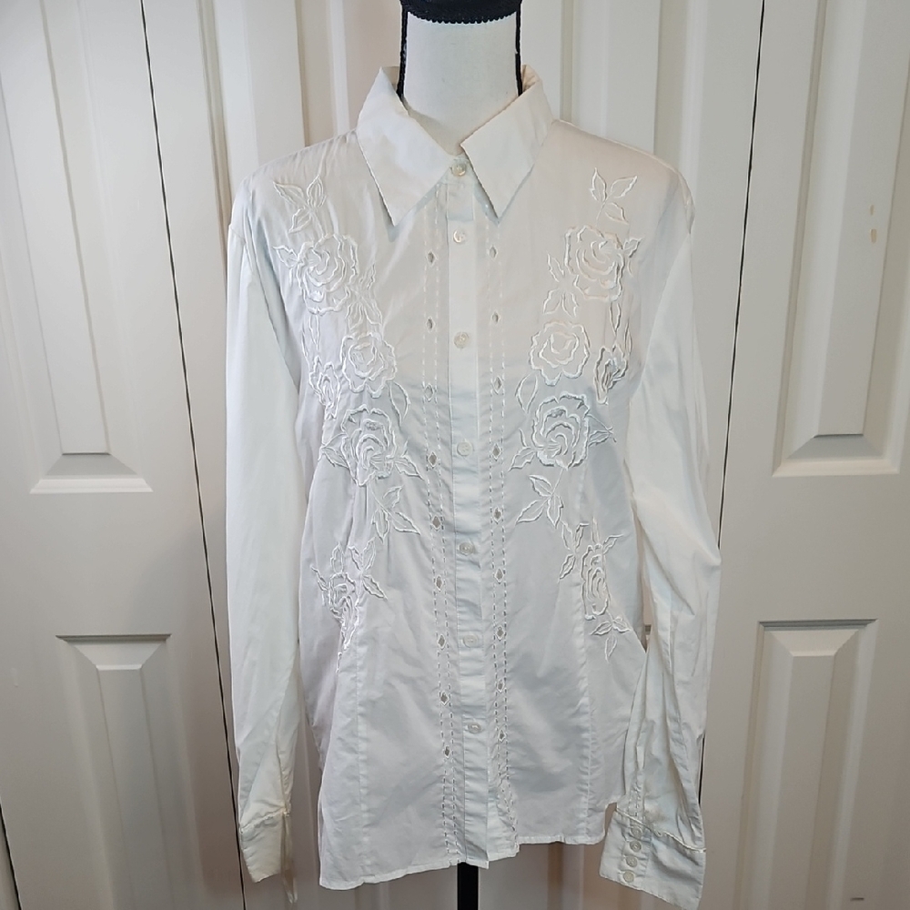Vintage C.L.C Womens White Blouse Embroidered Shirt Longsleeve Button Down 14